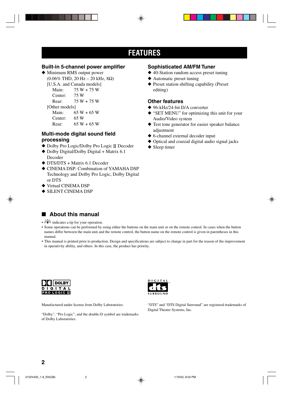 Features, About this manual | Yamaha RX-V430RDS User Manual | Page 4 / 59