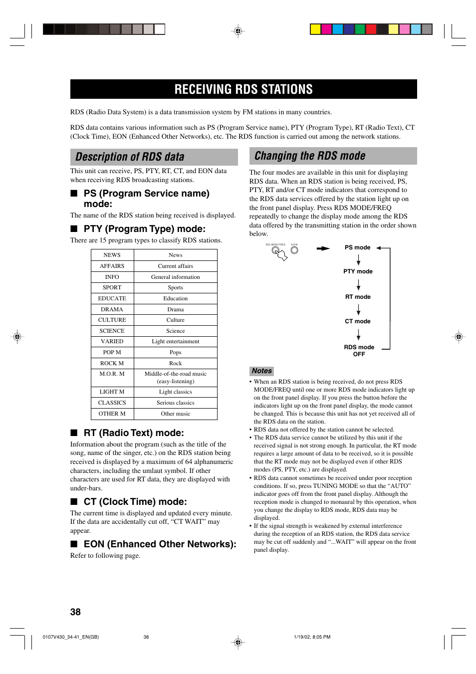 Receiving rds stations, Description of rds data, Changing the rds mode | Ps (program service name) mode, Pty (program type) mode, Rt (radio text) mode, Ct (clock time) mode, Eon (enhanced other networks) | Yamaha RX-V430RDS User Manual | Page 40 / 59