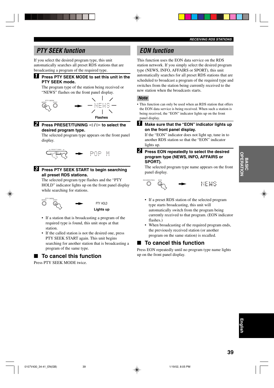 Pty seek function, Eon function | Yamaha RX-V430RDS User Manual | Page 41 / 59