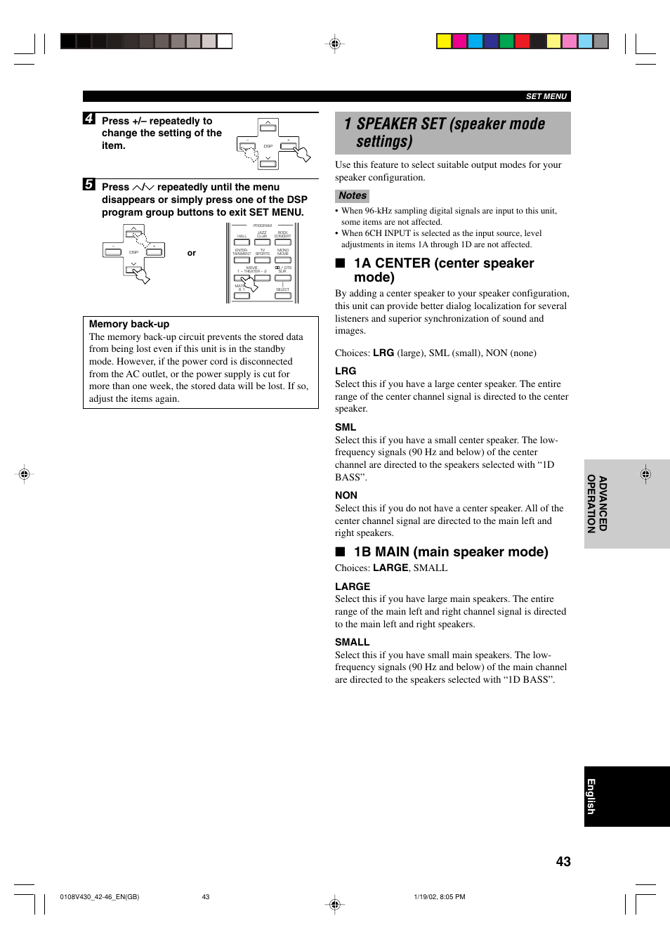 1 speaker set (speaker mode settings), 1a center (center speaker mode), 1b main (main speaker mode) | Yamaha RX-V430RDS User Manual | Page 45 / 59