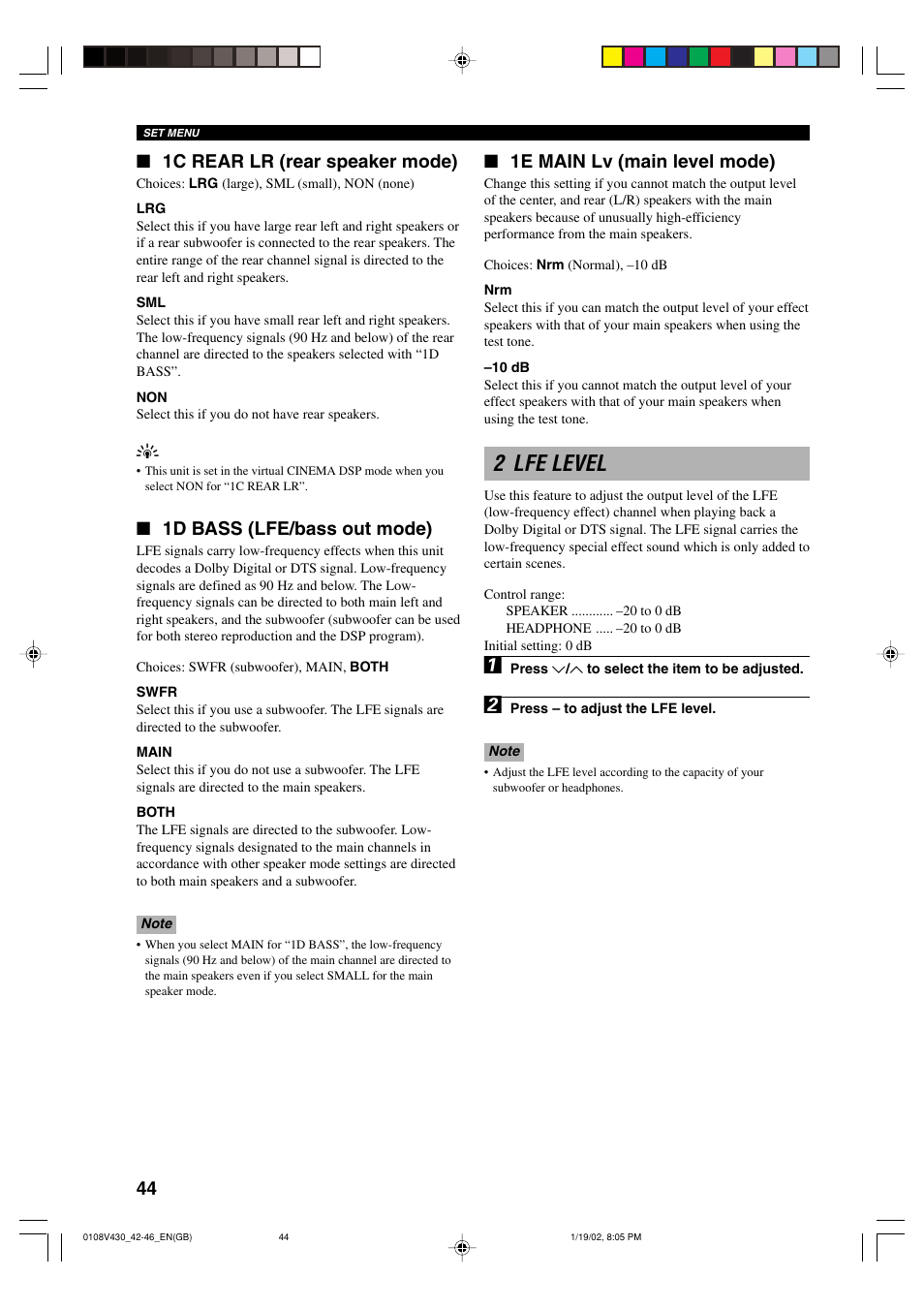 2 lfe level, 1c rear lr (rear speaker mode), 1d bass (lfe/bass out mode) | 1e main lv (main level mode) | Yamaha RX-V430RDS User Manual | Page 46 / 59