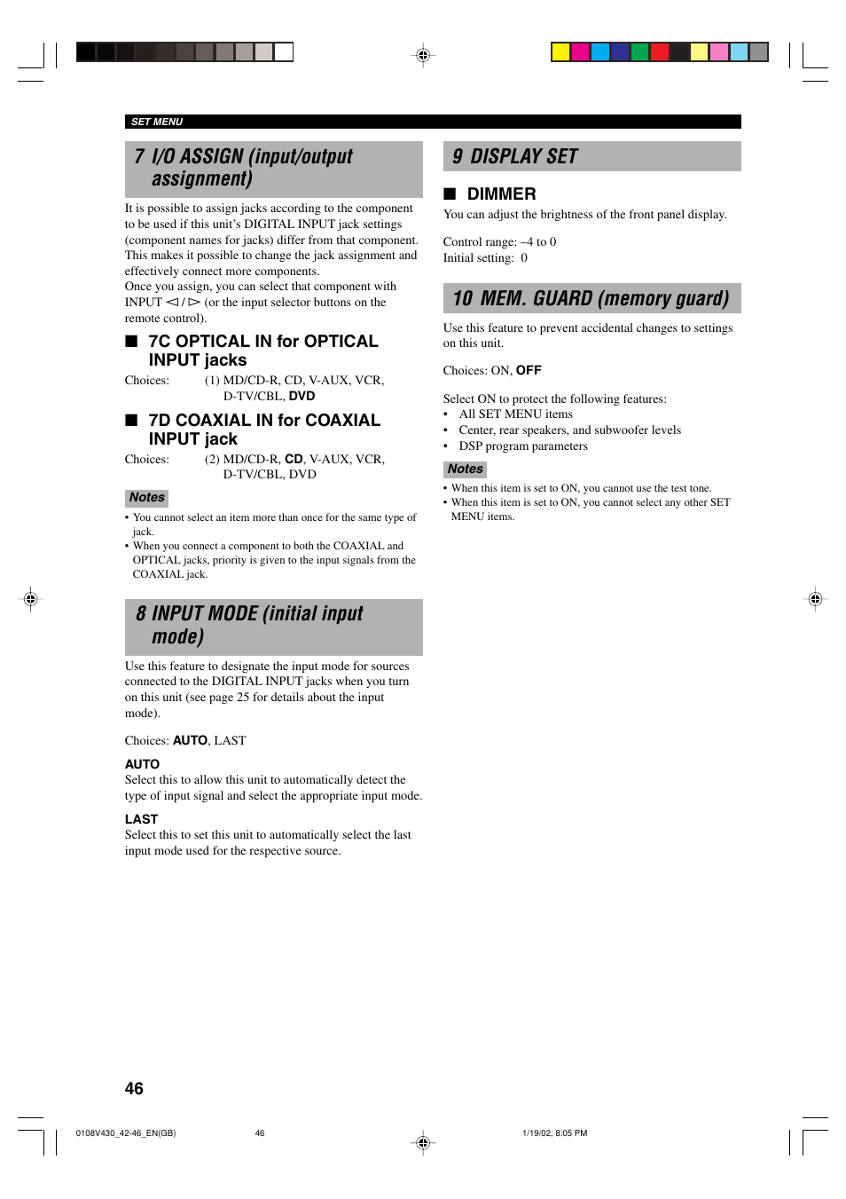 7 i/o assign (input/output assignment), 8 input mode (initial input mode), 9 display set | 10 mem. guard (memory guard), Dimmer, 7c optical in for optical input jacks, 7d coaxial in for coaxial input jack | Yamaha RX-V430RDS User Manual | Page 48 / 59