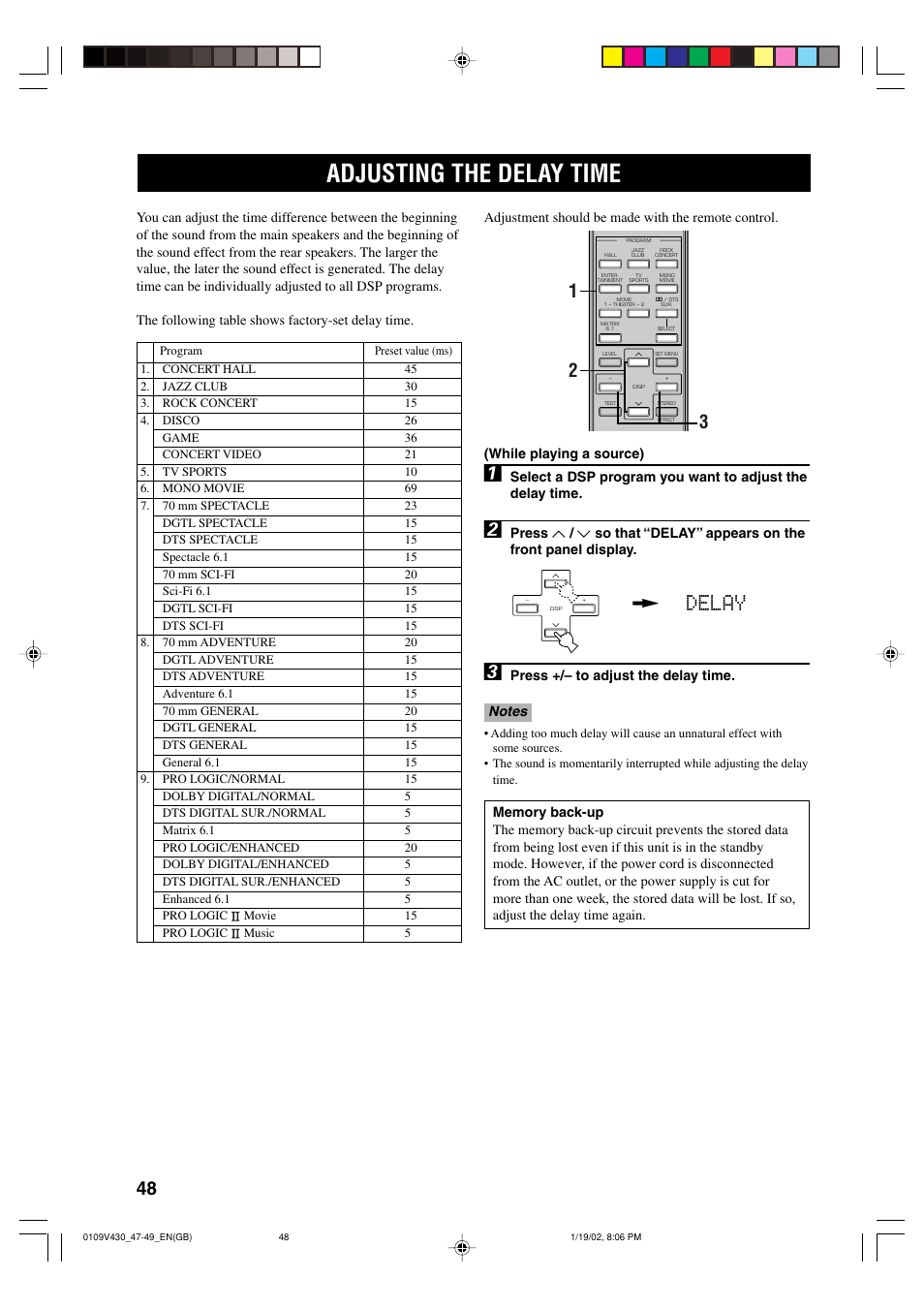 Adjusting the delay time, Delay | Yamaha RX-V430RDS User Manual | Page 50 / 59