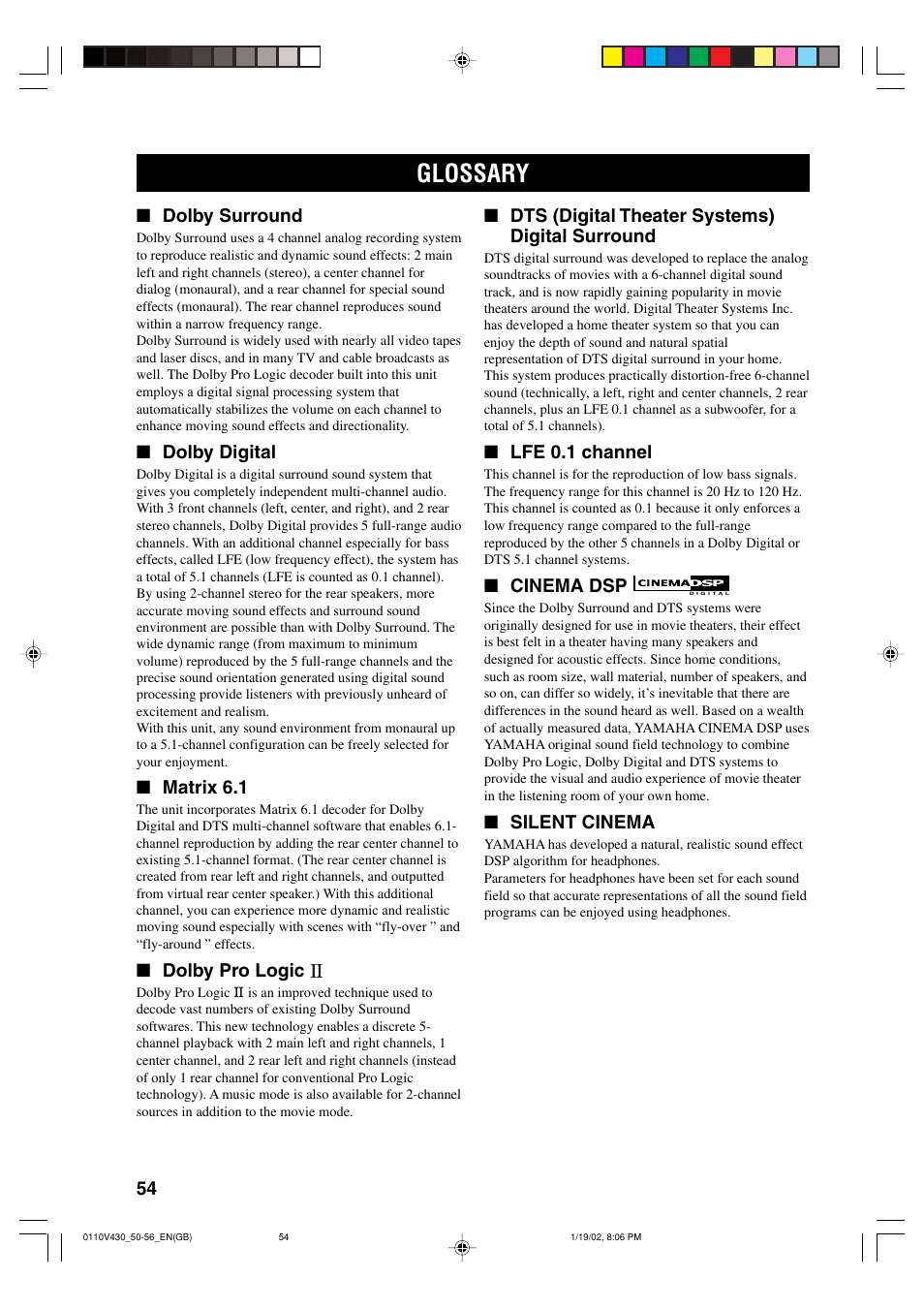 Glossary | Yamaha RX-V430RDS User Manual | Page 56 / 59