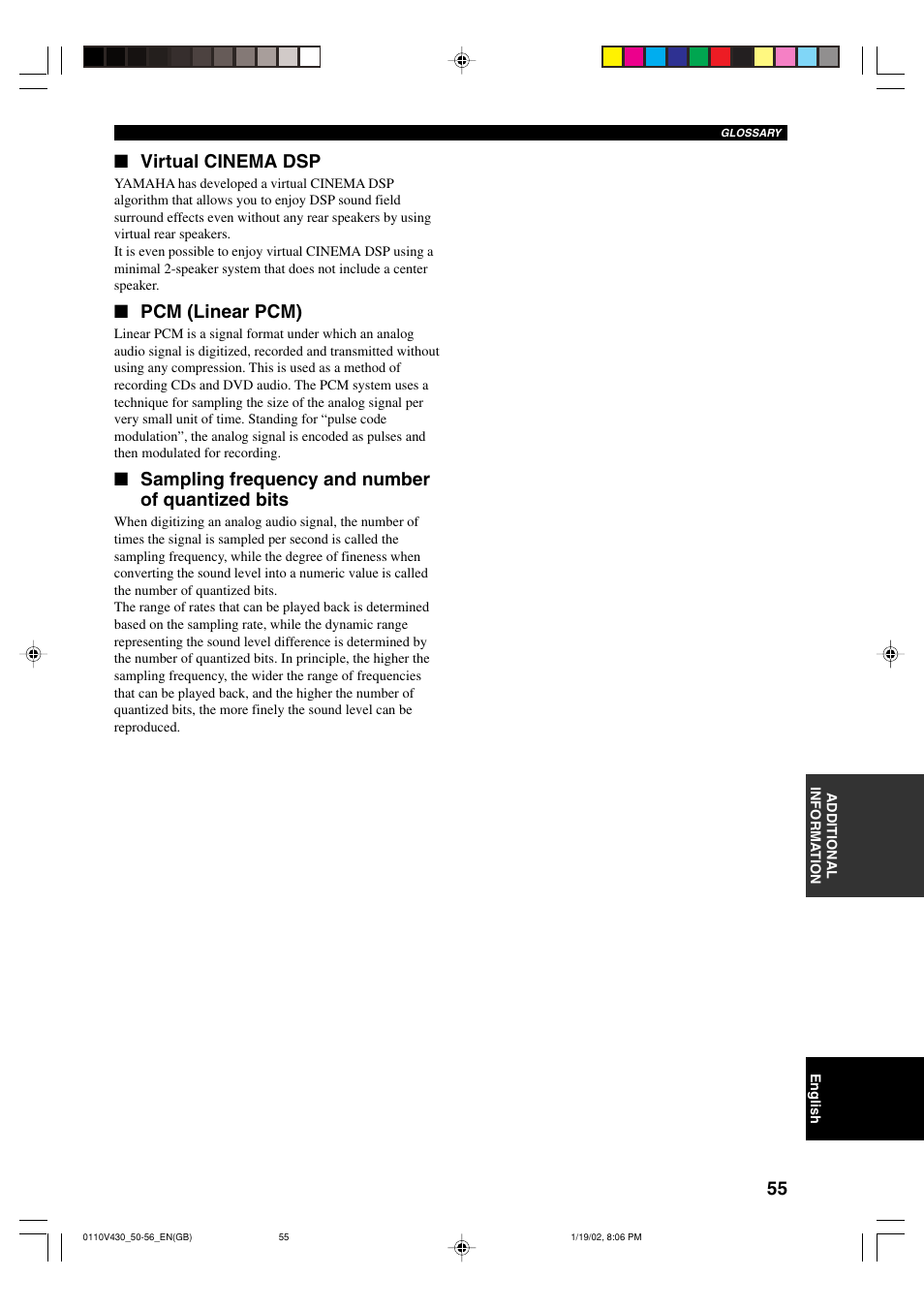 Virtual cinema dsp, Pcm (linear pcm), Sampling frequency and number of quantized bits | Yamaha RX-V430RDS User Manual | Page 57 / 59