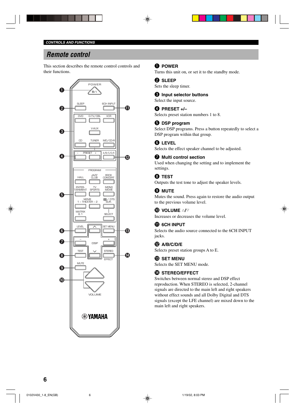 Remote control | Yamaha RX-V430RDS User Manual | Page 8 / 59
