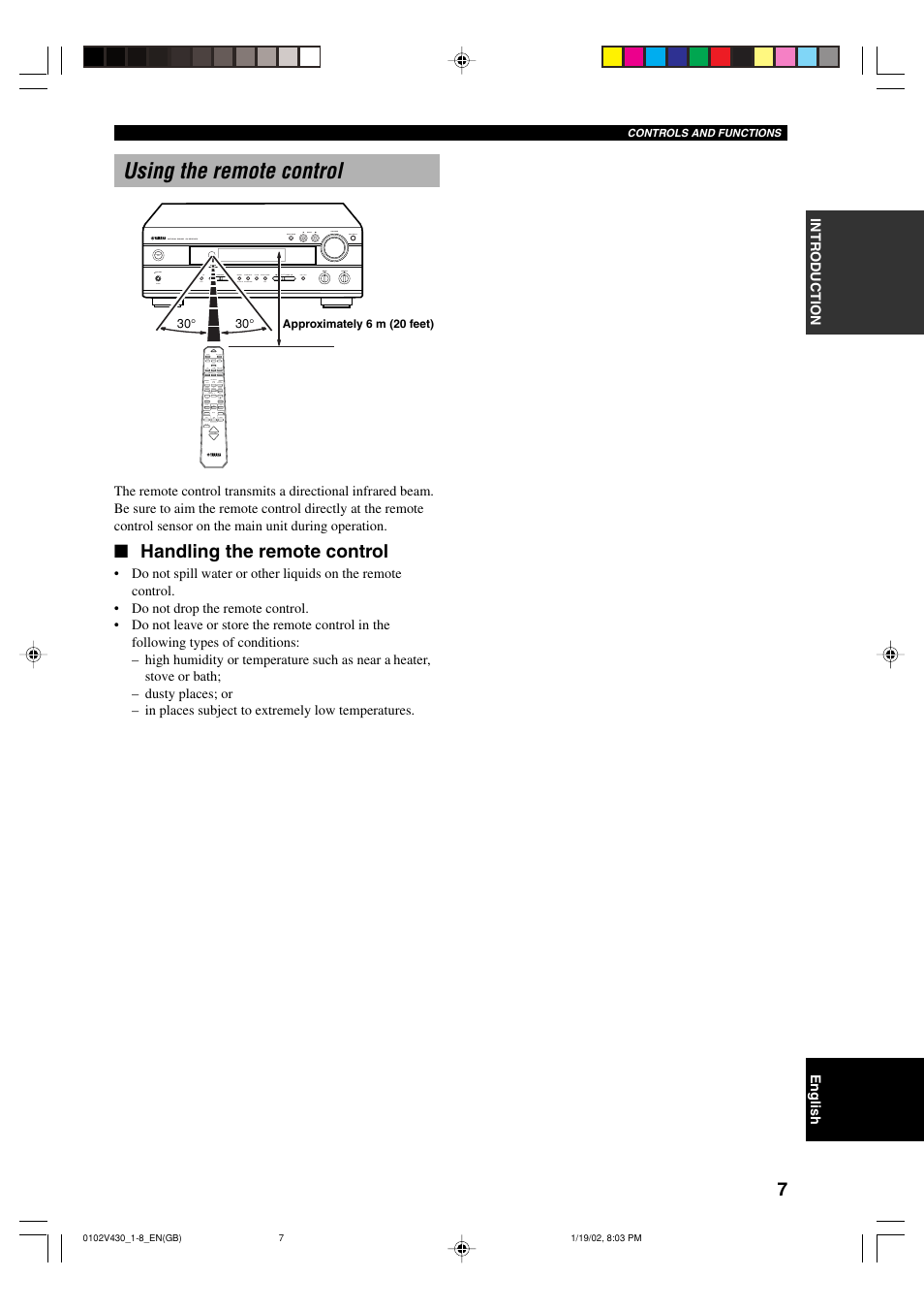 Using the remote control, Handling the remote control | Yamaha RX-V430RDS User Manual | Page 9 / 59