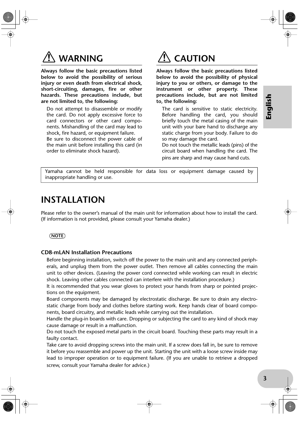 Warning, Caution, Installation | English | Yamaha CD8-mLAN User Manual | Page 3 / 12