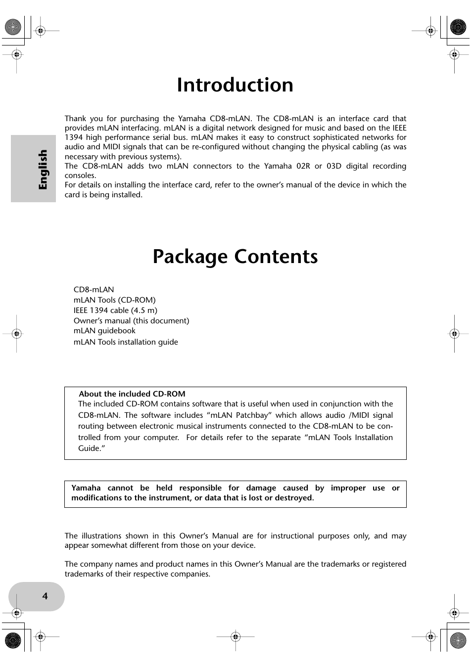 Introduction, Package contents | Yamaha CD8-mLAN User Manual | Page 4 / 12