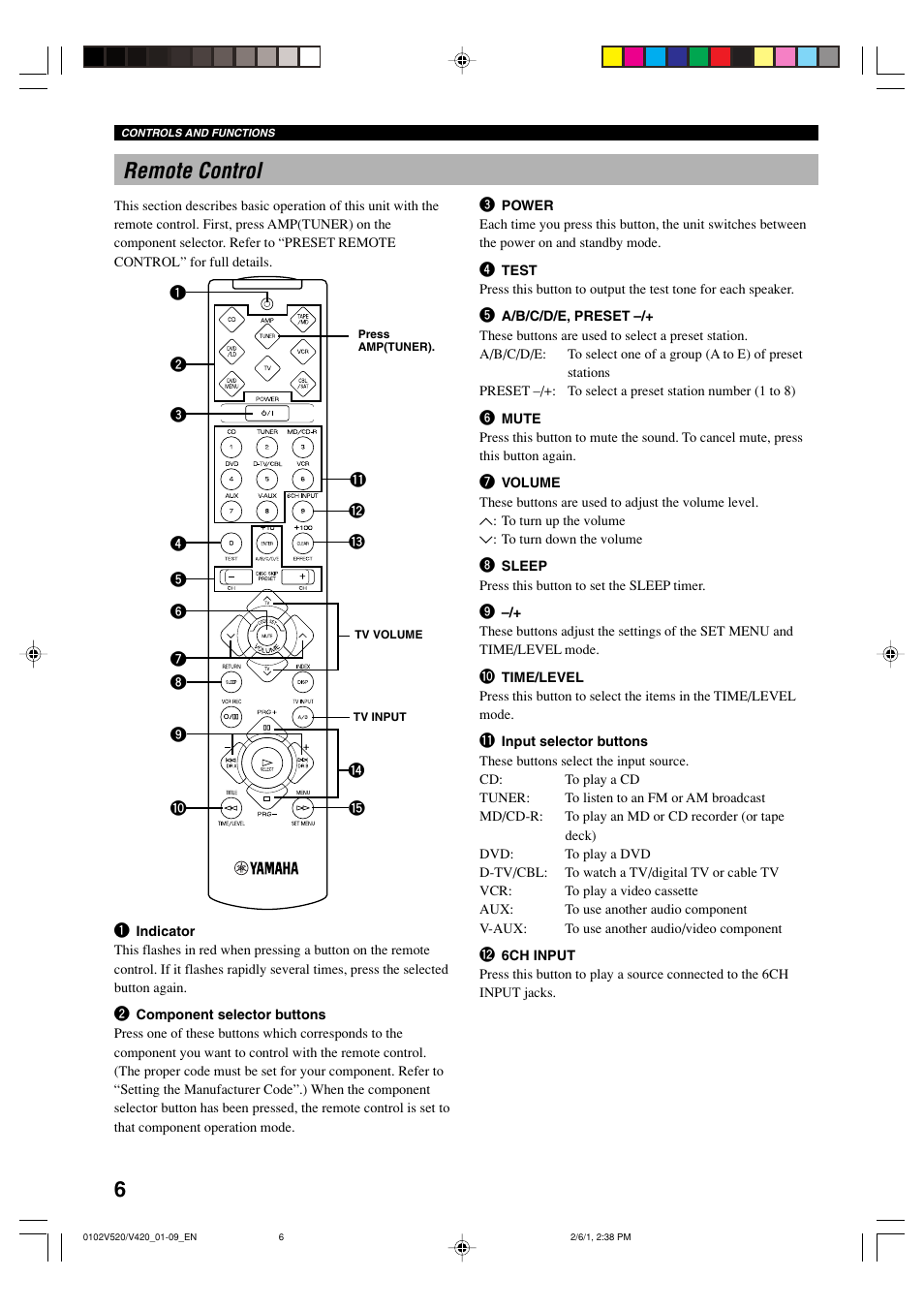 Remote control, 6remote control | Yamaha RX-V520 User Manual | Page 10 / 69