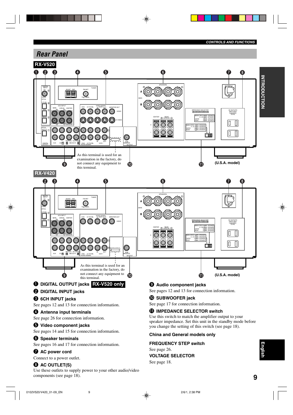 Rear panel, Rx-v520 only, Digital output jacks | Digital input jacks, Ac power cord connect to a power outlet, U.s.a. model) | Yamaha RX-V520 User Manual | Page 13 / 69