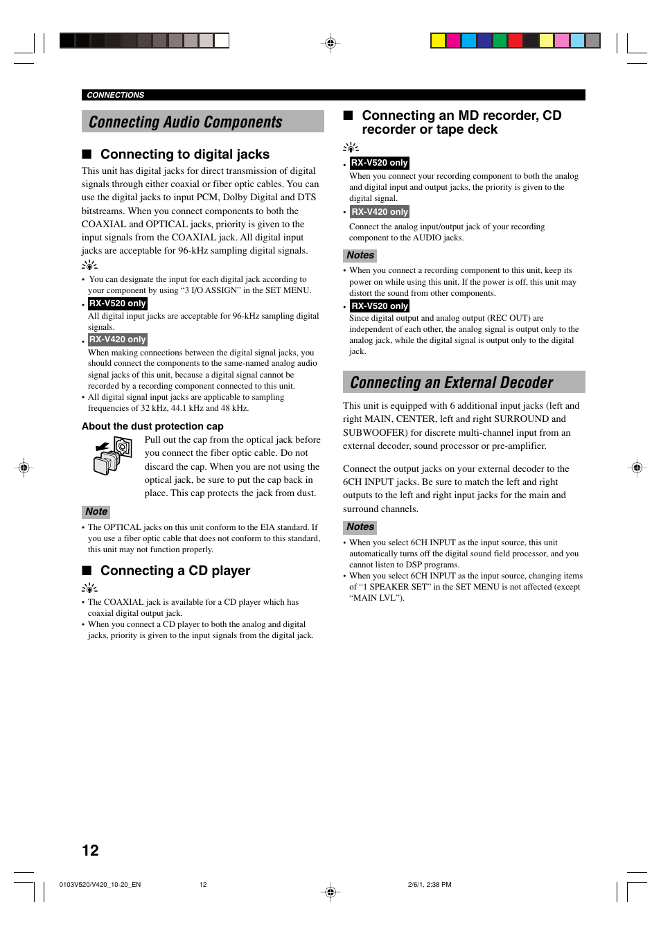 Connecting audio components, Connecting an external decoder, Connecting to digital jacks | Connecting a cd player y | Yamaha RX-V520 User Manual | Page 16 / 69