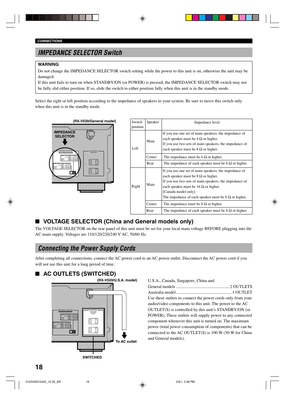 Impedance selector switch, Connecting the power supply cords, 18 impedance selector switch | Voltage selector (china and general models only), Ac outlets (switched) | Yamaha RX-V520 User Manual | Page 22 / 69