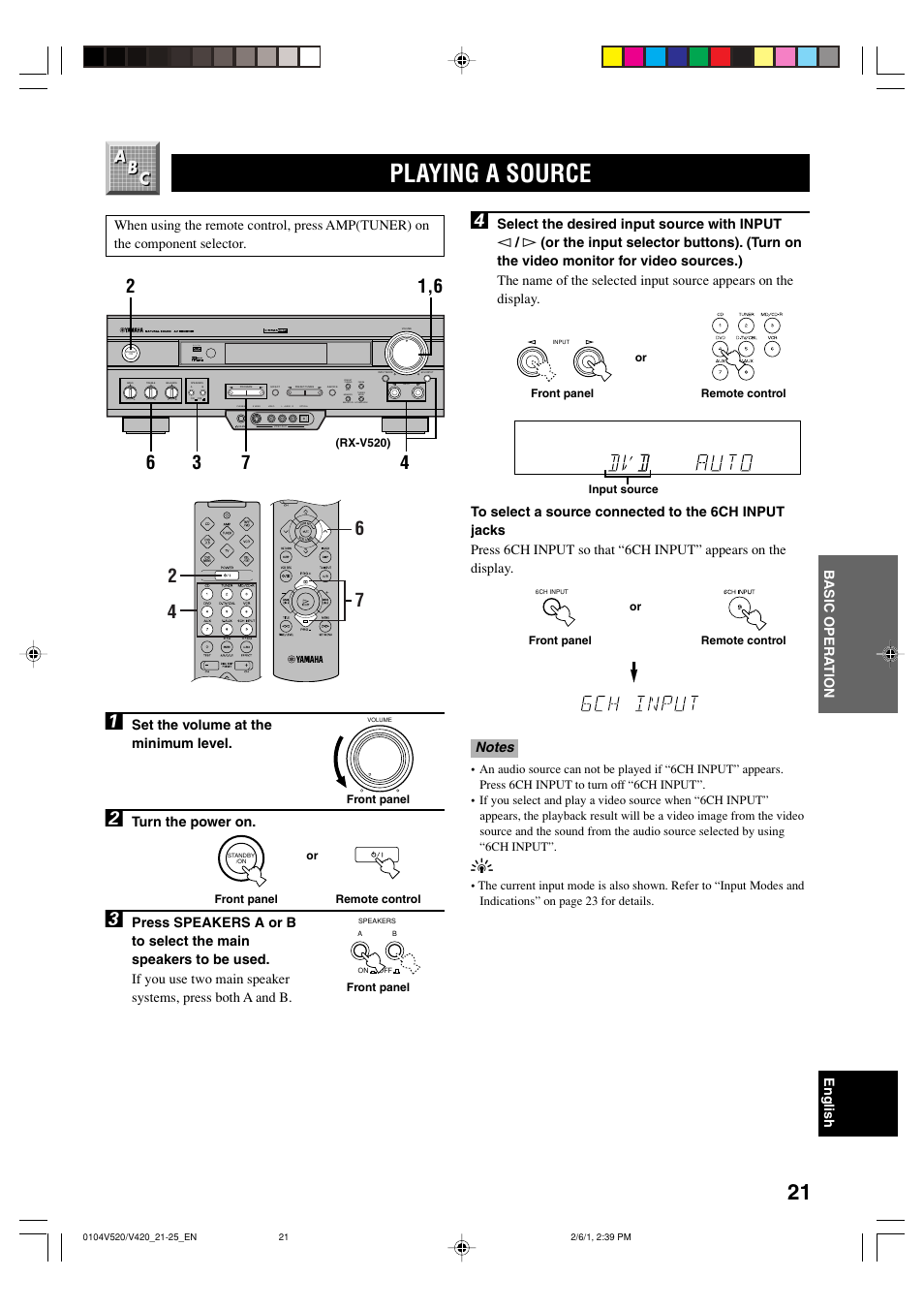 Playing a source, Set the volume at the minimum level, Turn the power on | Yamaha RX-V520 User Manual | Page 25 / 69