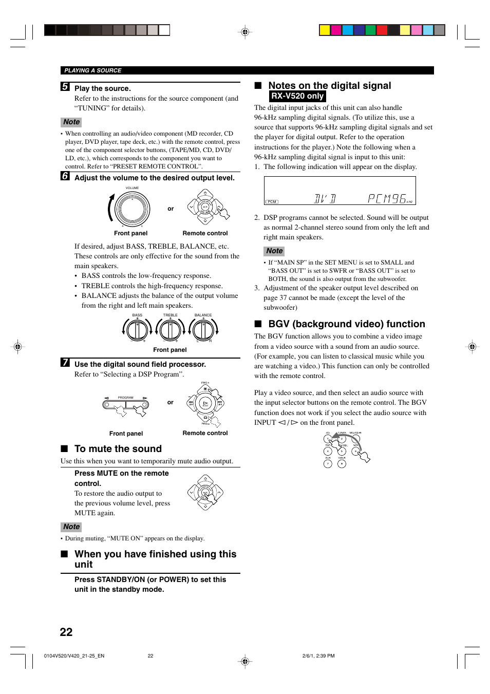 When you have finished using this unit, Bgv (background video) function, Rx-v520 only | Yamaha RX-V520 User Manual | Page 26 / 69