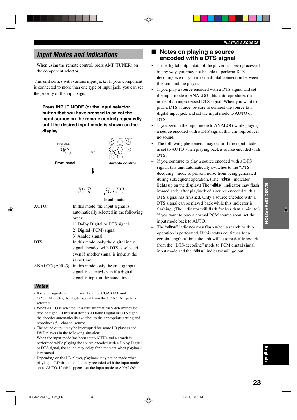 Input modes and indications | Yamaha RX-V520 User Manual | Page 27 / 69