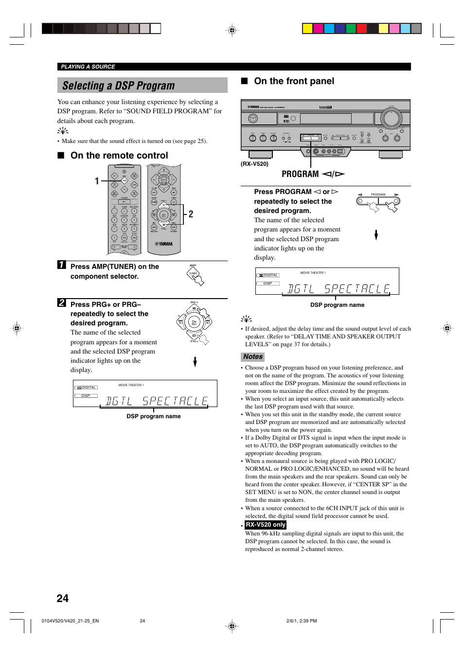 Selecting a dsp program, 24 selecting a dsp program, On the remote control | On the front panel, Program, Press amp(tuner) on the component selector, Dsp program name, Rx-v520) | Yamaha RX-V520 User Manual | Page 28 / 69