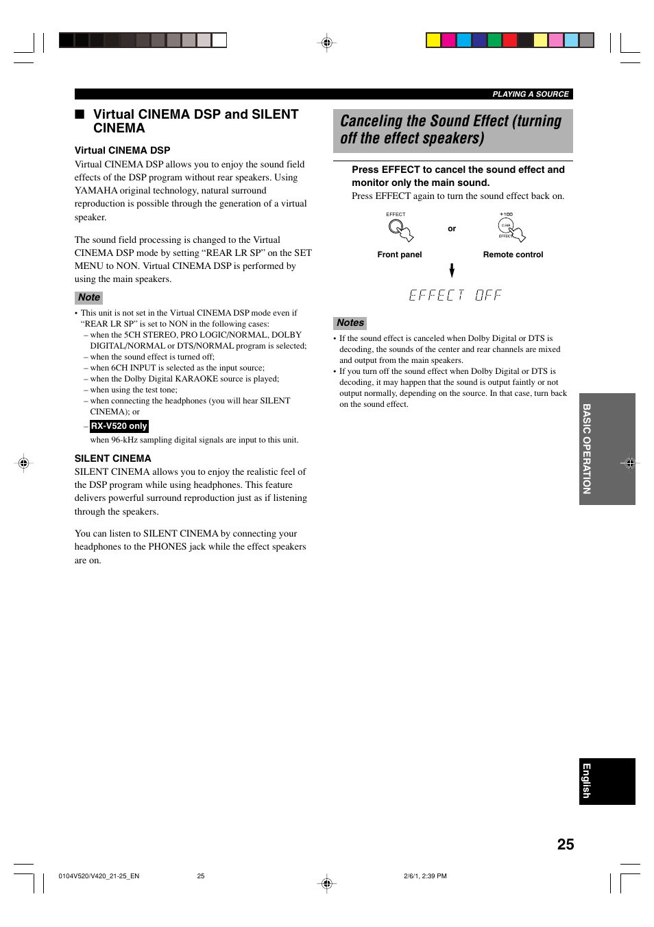 Virtual cinema dsp and silent cinema | Yamaha RX-V520 User Manual | Page 29 / 69