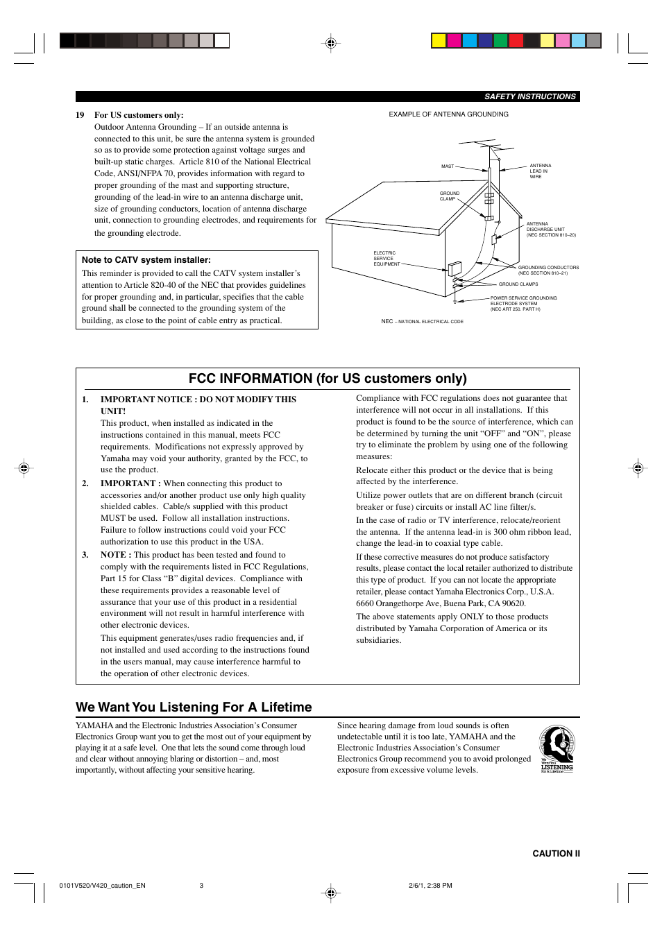 We want you listening for a lifetime, Fcc information (for us customers only) | Yamaha RX-V520 User Manual | Page 3 / 69