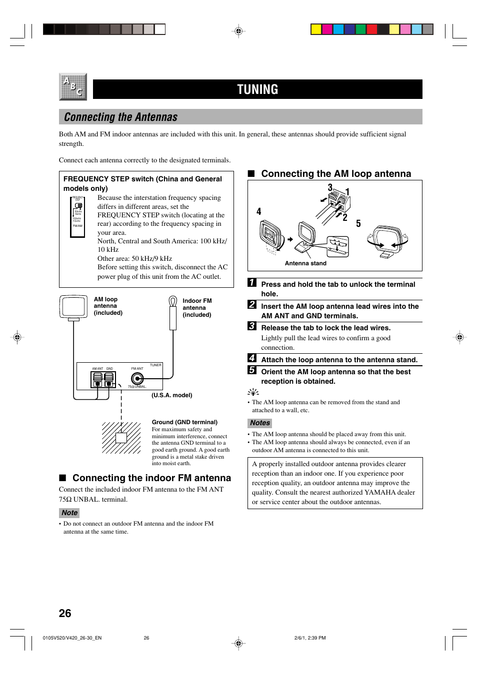 Tuning, Connecting the antennas, Connecting the indoor fm antenna | Connecting the am loop antenna | Yamaha RX-V520 User Manual | Page 30 / 69