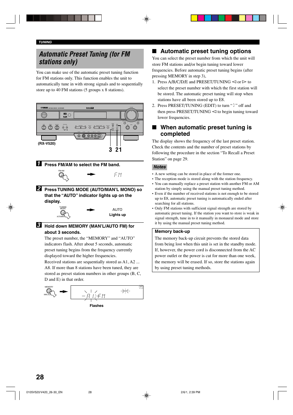 Automatic preset tuning (for fm stations only), Automatic preset tuning options, When automatic preset tuning is completed | Press fm/am to select the fm band, Lights up, Flashes (rx-v520) | Yamaha RX-V520 User Manual | Page 32 / 69