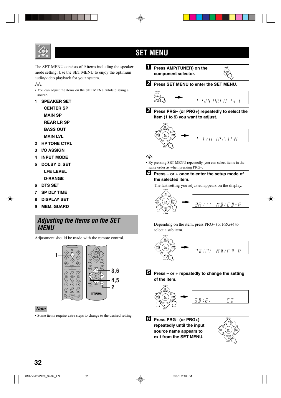 Set menu, Adjusting the items on the set menu | Yamaha RX-V520 User Manual | Page 36 / 69