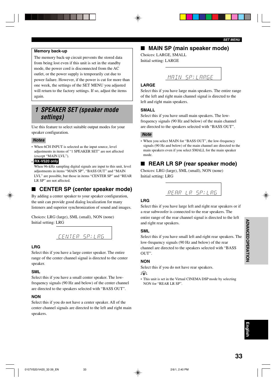 1 speaker set (speaker mode settings), Main sp (main speaker mode), Rear lr sp (rear speaker mode) | Center sp (center speaker mode) | Yamaha RX-V520 User Manual | Page 37 / 69