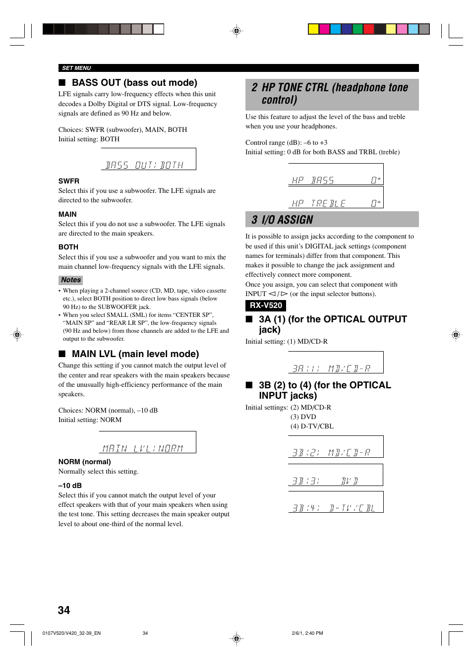 2 hp tone ctrl (headphone tone control), 3 i/o assign, Bass out (bass out mode) | Main lvl (main level mode), 3a (1) (for the optical output jack), 3b (2) to (4) (for the optical input jacks) | Yamaha RX-V520 User Manual | Page 38 / 69