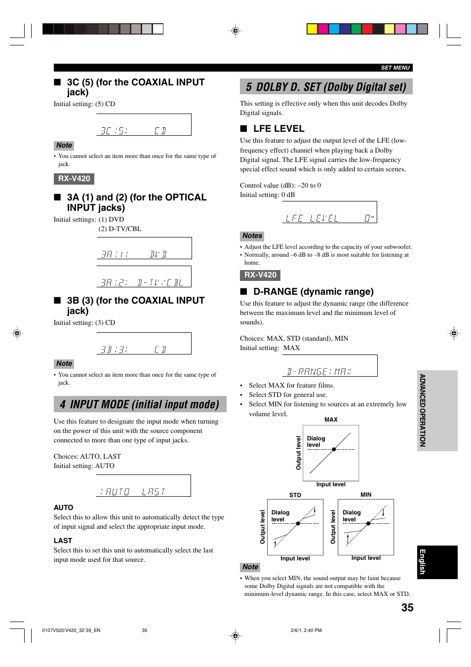 4 input mode (initial input mode), 5 dolby d. set (dolby digital set), 3c (5) (for the coaxial input jack) | 3a (1) and (2) (for the optical input jacks), 3b (3) (for the coaxial input jack), Lfe level, D-range (dynamic range) | Yamaha RX-V520 User Manual | Page 39 / 69
