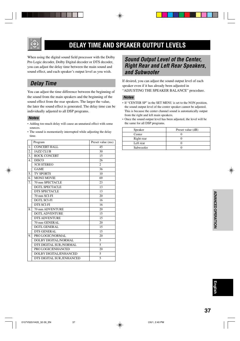 Delay time and speaker output levels, Delay time | Yamaha RX-V520 User Manual | Page 41 / 69