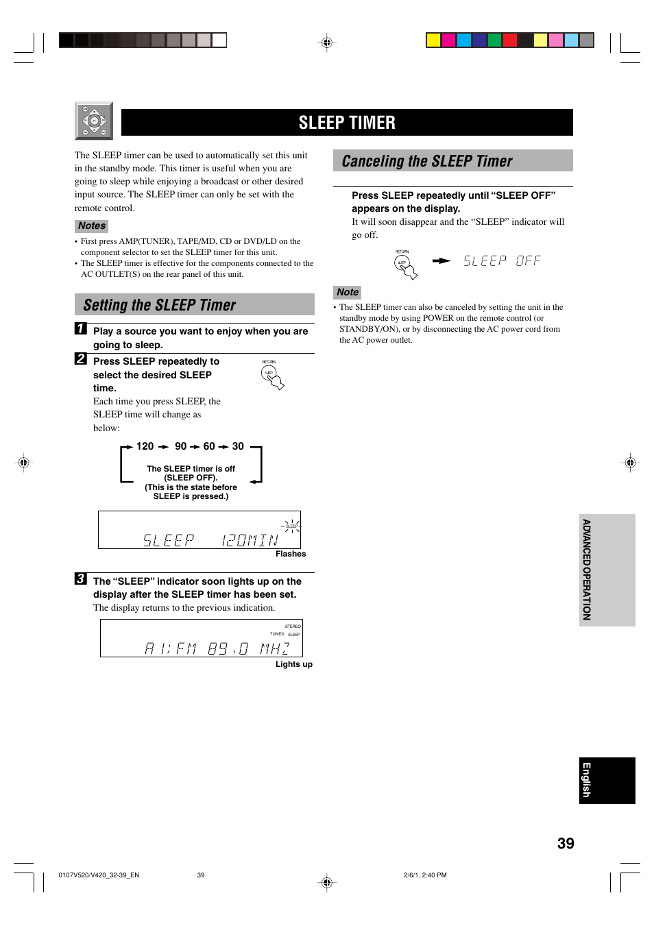 Sleep timer, Setting the sleep timer, Canceling the sleep timer | Setting the sleep timer 1 | Yamaha RX-V520 User Manual | Page 43 / 69
