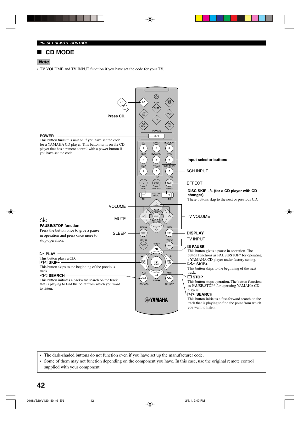 Cd mode | Yamaha RX-V520 User Manual | Page 46 / 69