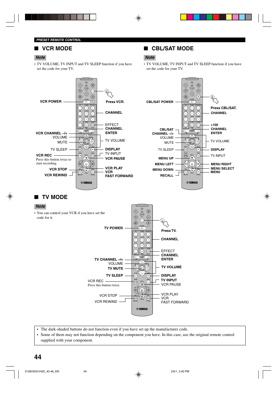 Vcr mode, Cbl/sat mode, Tv mode | Yamaha RX-V520 User Manual | Page 48 / 69