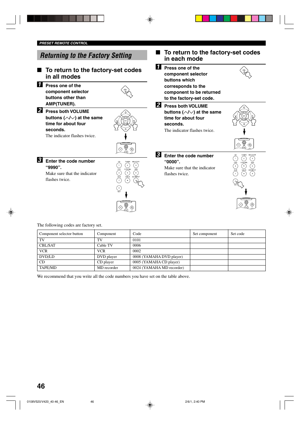 Returning to the factory setting, 46 returning to the factory setting | Yamaha RX-V520 User Manual | Page 50 / 69