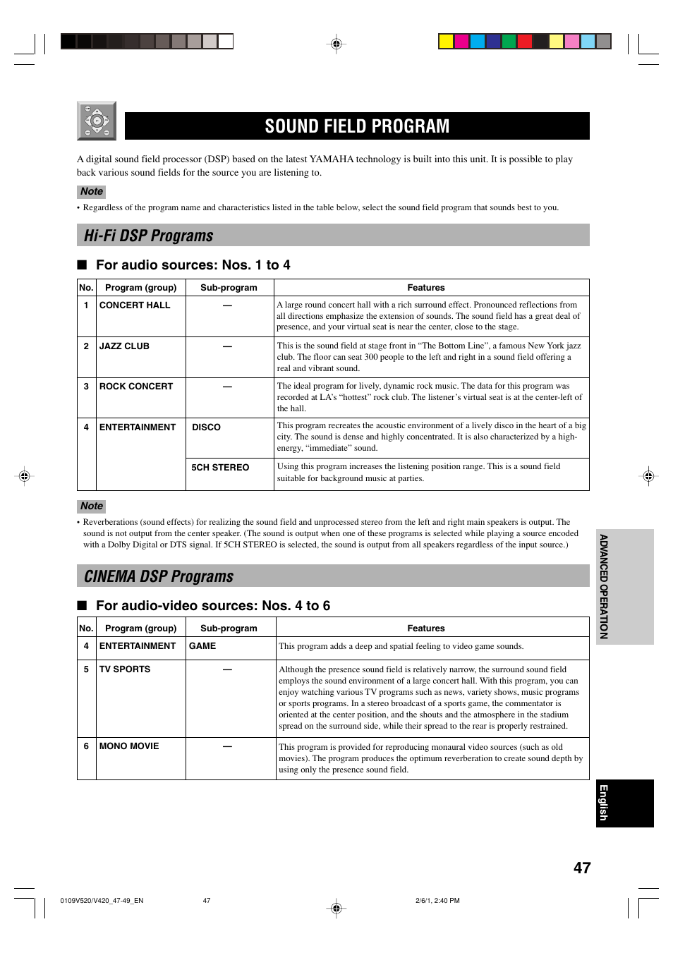 Sound field program, Hi-fi dsp programs, Cinema dsp programs | For audio sources: nos. 1 to 4, For audio-video sources: nos. 4 to 6 | Yamaha RX-V520 User Manual | Page 51 / 69