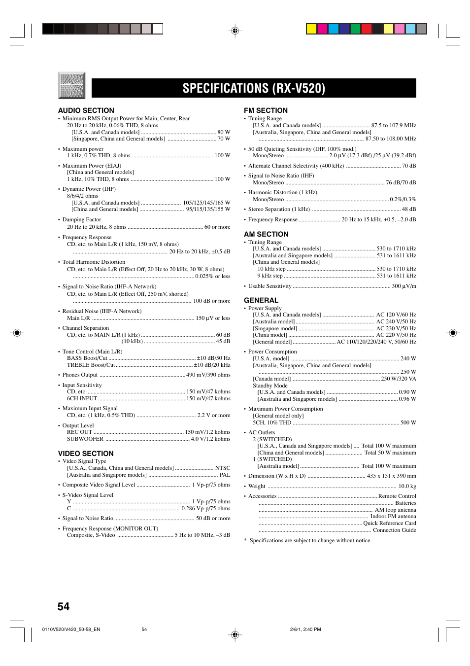 Specifications (rx-v520) | Yamaha RX-V520 User Manual | Page 58 / 69