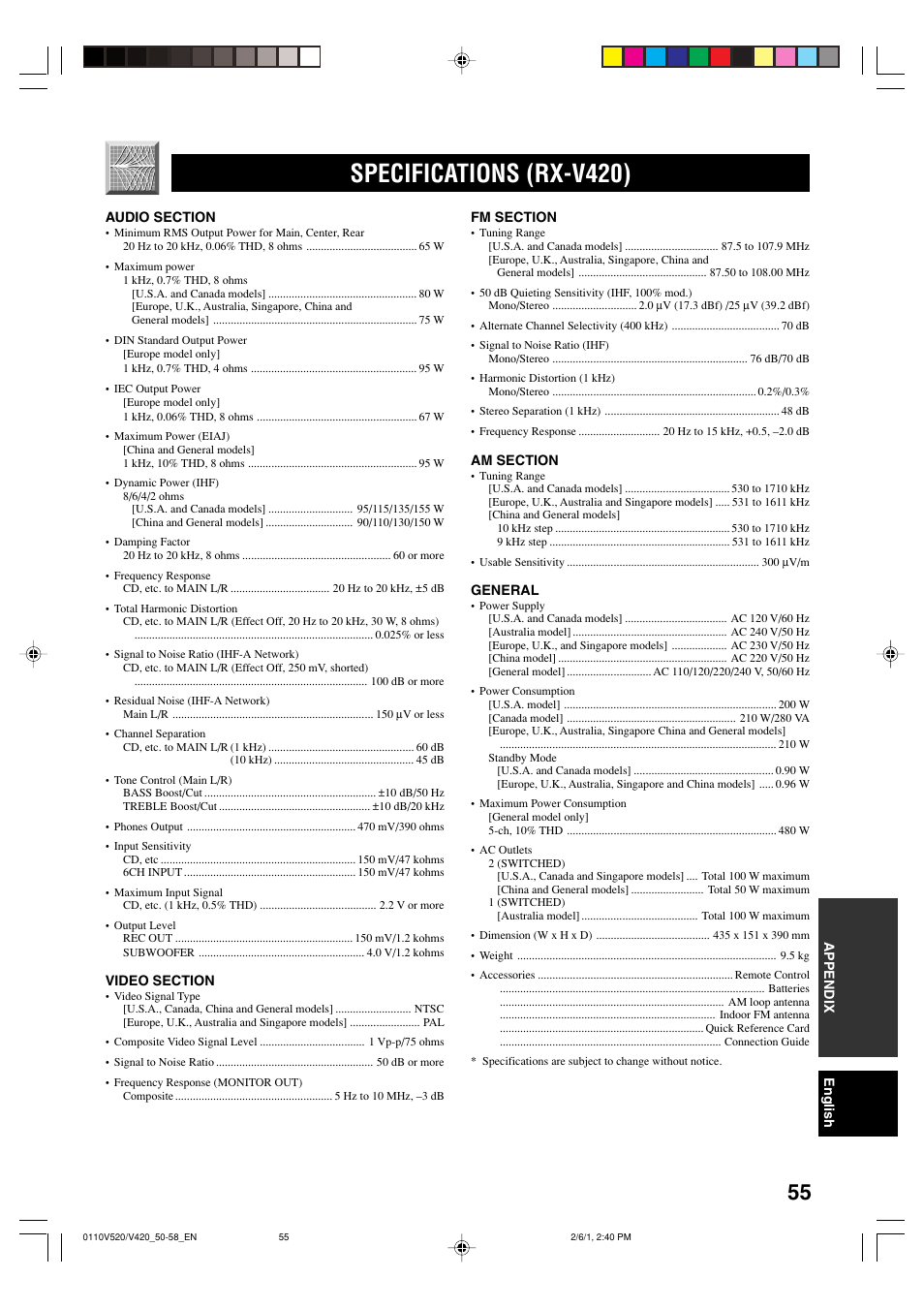 Specifications (rx-v420) | Yamaha RX-V520 User Manual | Page 59 / 69