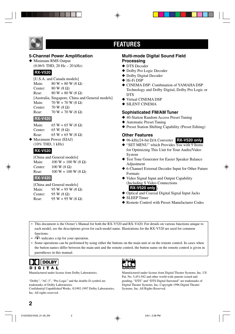 Features | Yamaha RX-V520 User Manual | Page 6 / 69