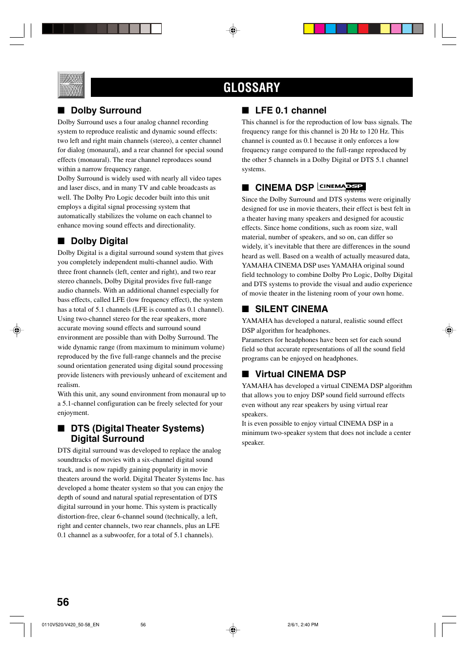 Glossary | Yamaha RX-V520 User Manual | Page 60 / 69