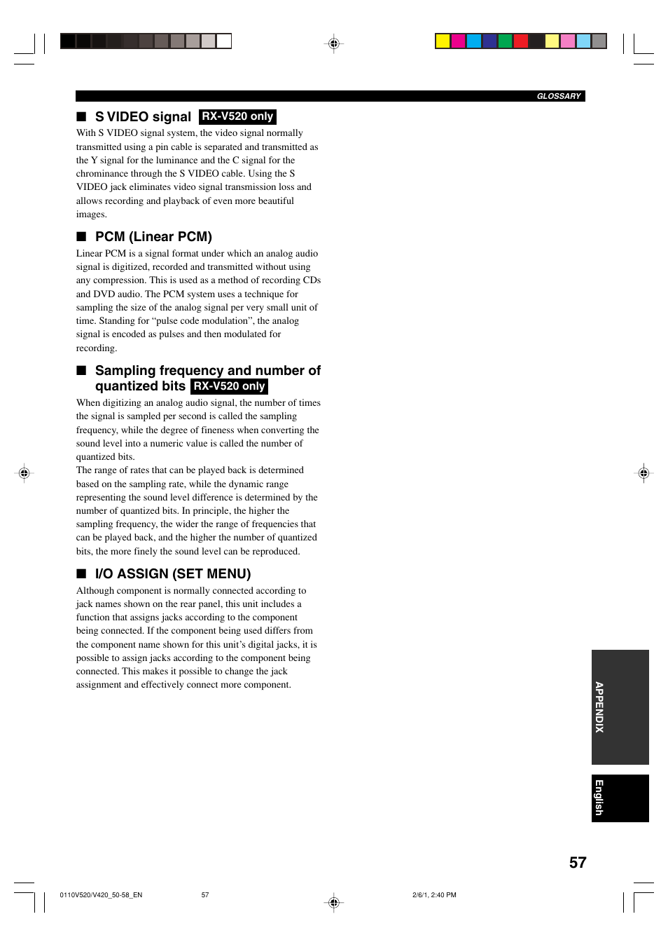 S video signal, Pcm (linear pcm), Sampling frequency and number of quantized bits | I/o assign (set menu) | Yamaha RX-V520 User Manual | Page 61 / 69