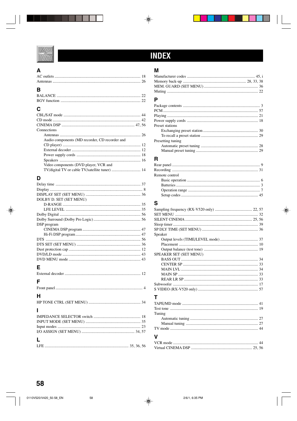 Index | Yamaha RX-V520 User Manual | Page 62 / 69