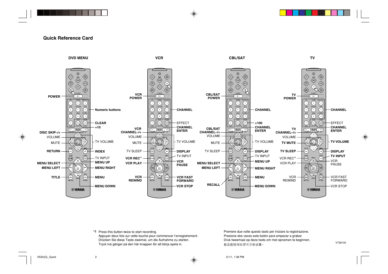 Quick reference card | Yamaha RX-V520 User Manual | Page 69 / 69