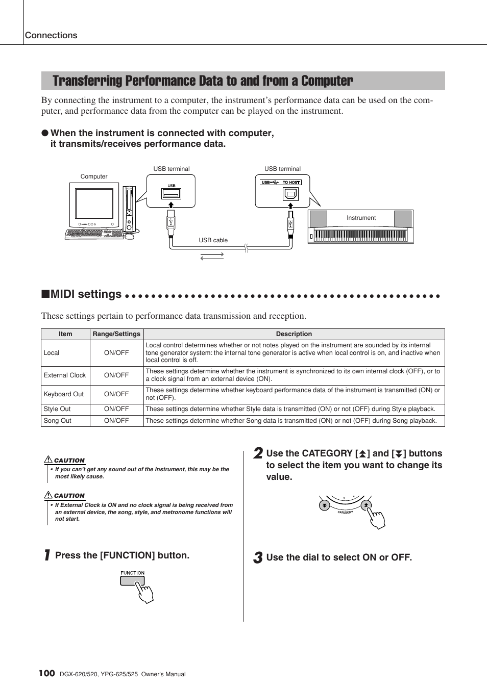 100 for details on the fi, Midi settings | Yamaha DGX-520 User Manual | Page 100 / 142