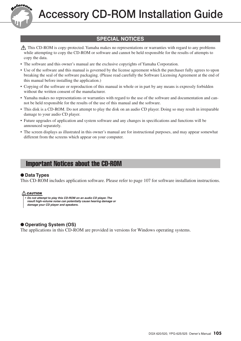 Accessory cd-rom installation guide, Important notices about the cd-rom | Yamaha DGX-520 User Manual | Page 105 / 142