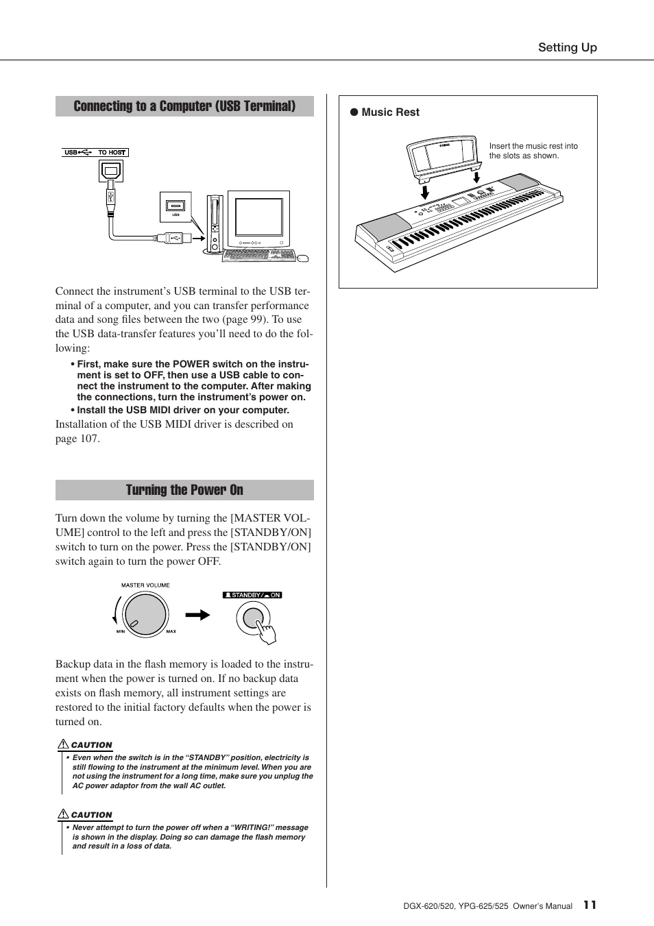 Connecting to a computer (usb terminal), Turning the power on | Yamaha DGX-520 User Manual | Page 11 / 142