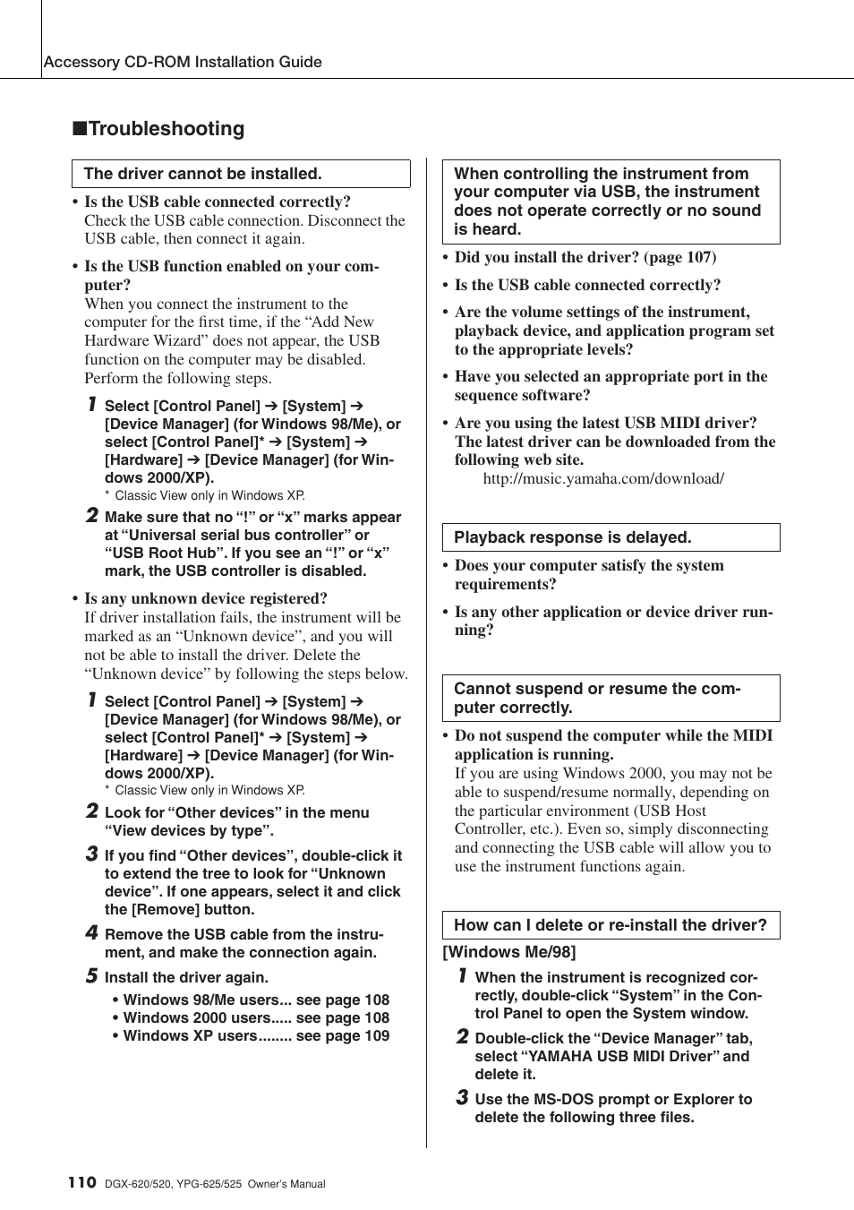 Troubleshooting | Yamaha DGX-520 User Manual | Page 110 / 142