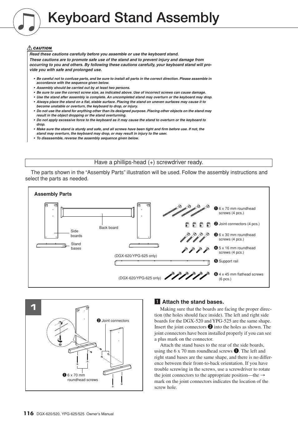 Keyboard stand assembly, Have a phillips-head (+) screwdriver ready | Yamaha DGX-520 User Manual | Page 116 / 142