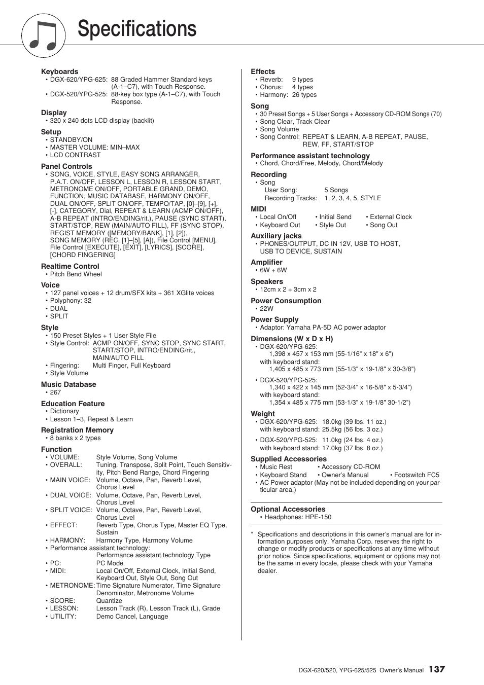 Specifications | Yamaha DGX-520 User Manual | Page 137 / 142