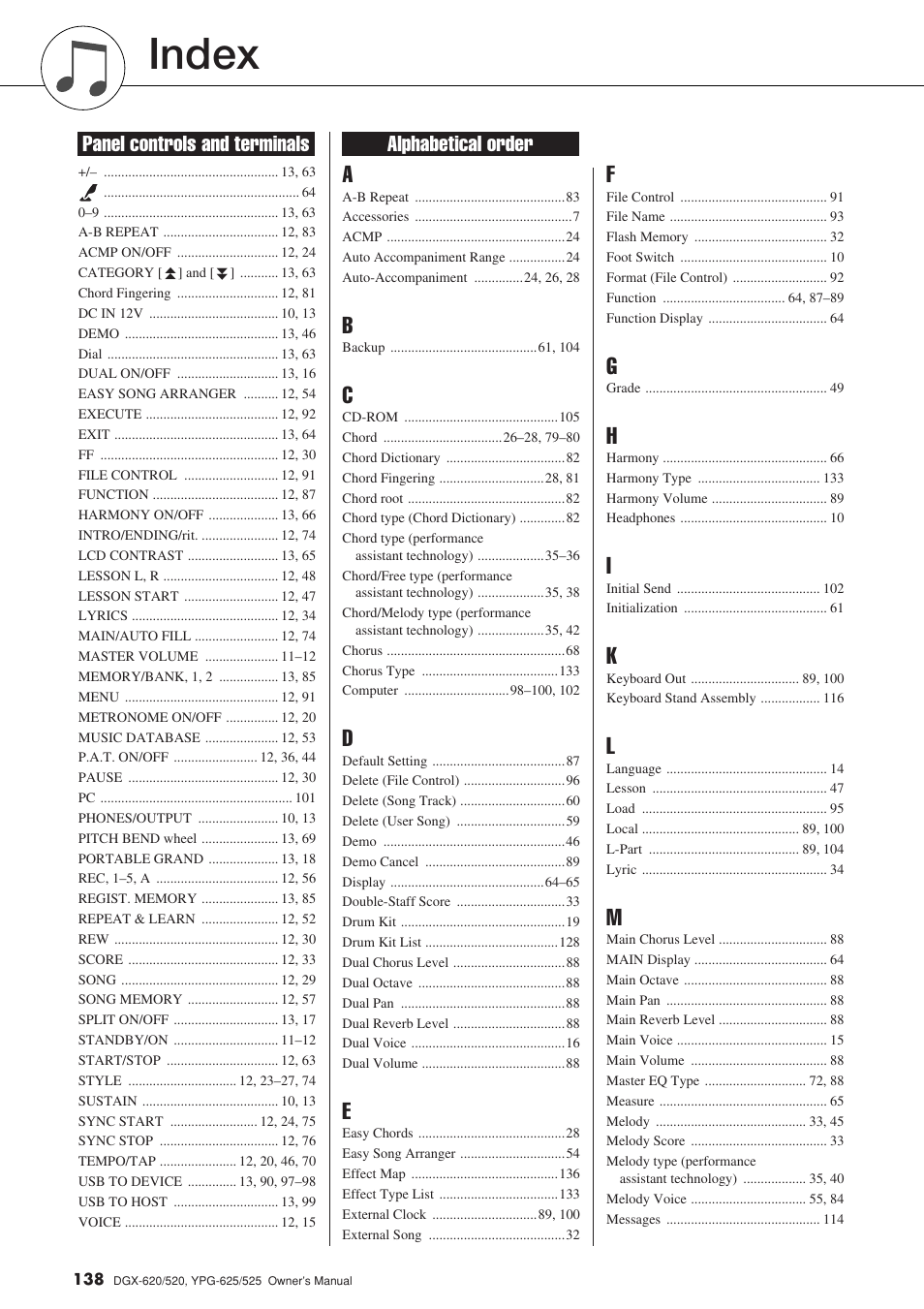 Index, Panel controls and terminals alphabetical order | Yamaha DGX-520 User Manual | Page 138 / 142