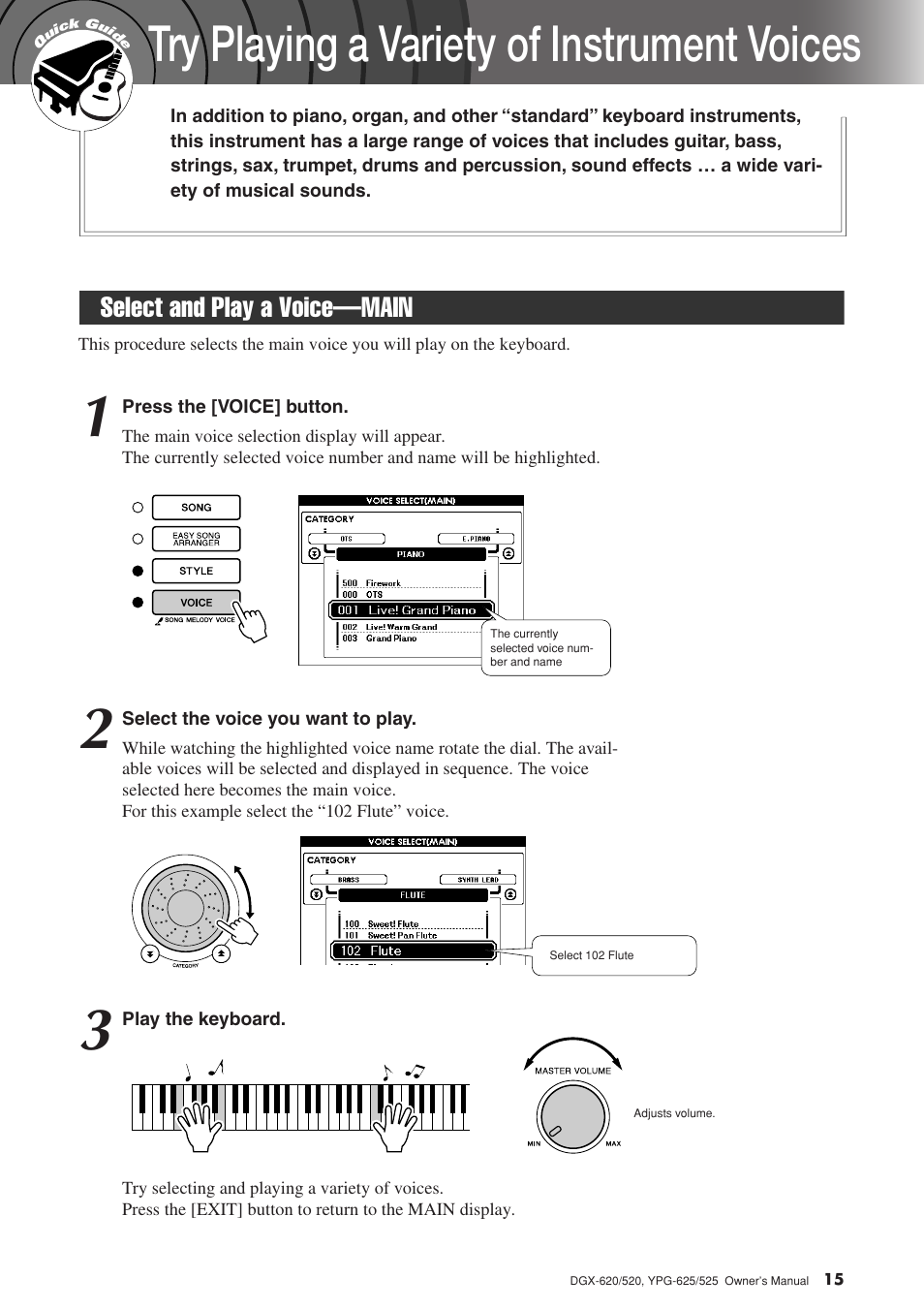 Try playing a variety of instrument voices, Select and play a voice-main, Select and play a voice—main | Yamaha DGX-520 User Manual | Page 15 / 142